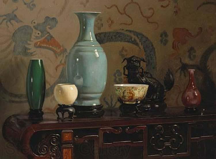 Hubert Vos Asian Still Life with Blue Vase, oil painting by Hubert Vos